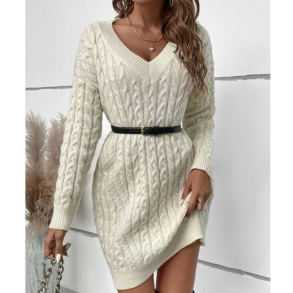 Cream v neck chunky knit sweater dress - Picture 6 of 6